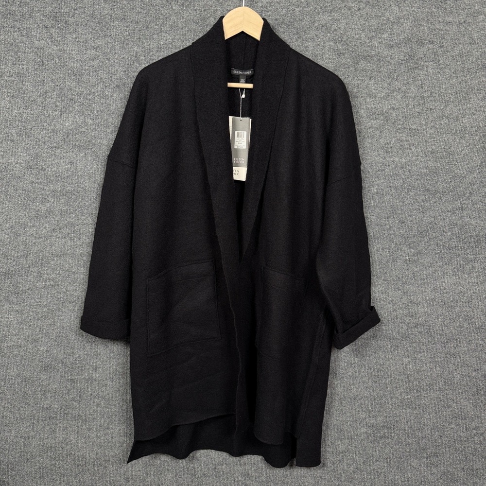 New Eillen Fisher Womens Size XS Kimono Wool Coat‎ Black Oversized Lagenlook